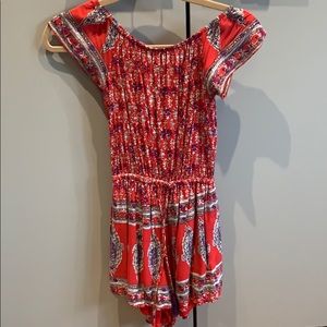 Red floral tie front romper